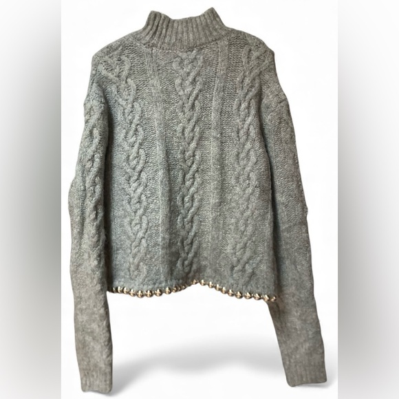 Zara Grey Cable Knit Mock Neck Sweater Beaded Hem NWT Size Large - Picture 3 of 12